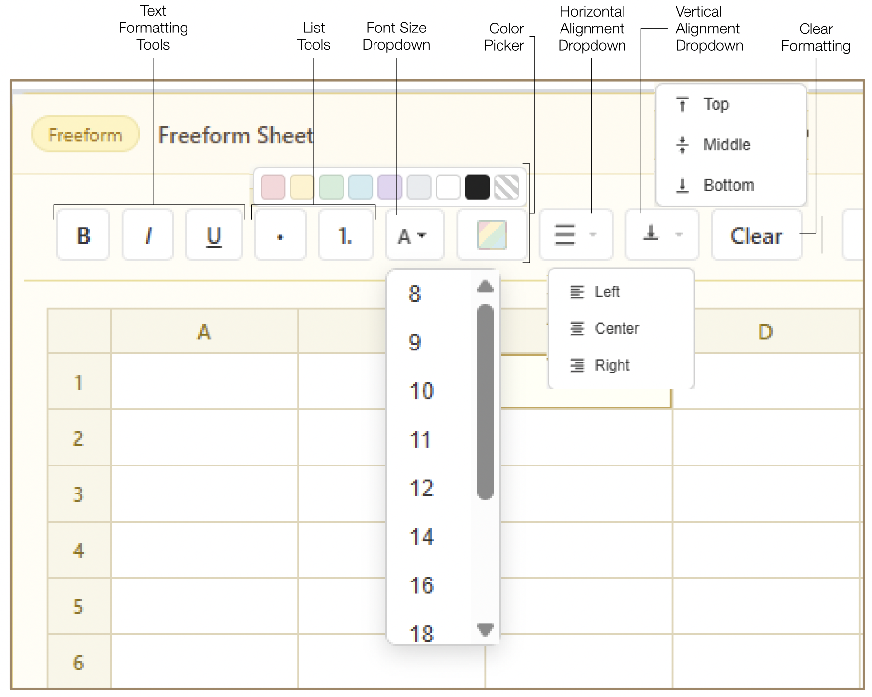 Freeform spreadsheet expanded grid with formatted data and calculations